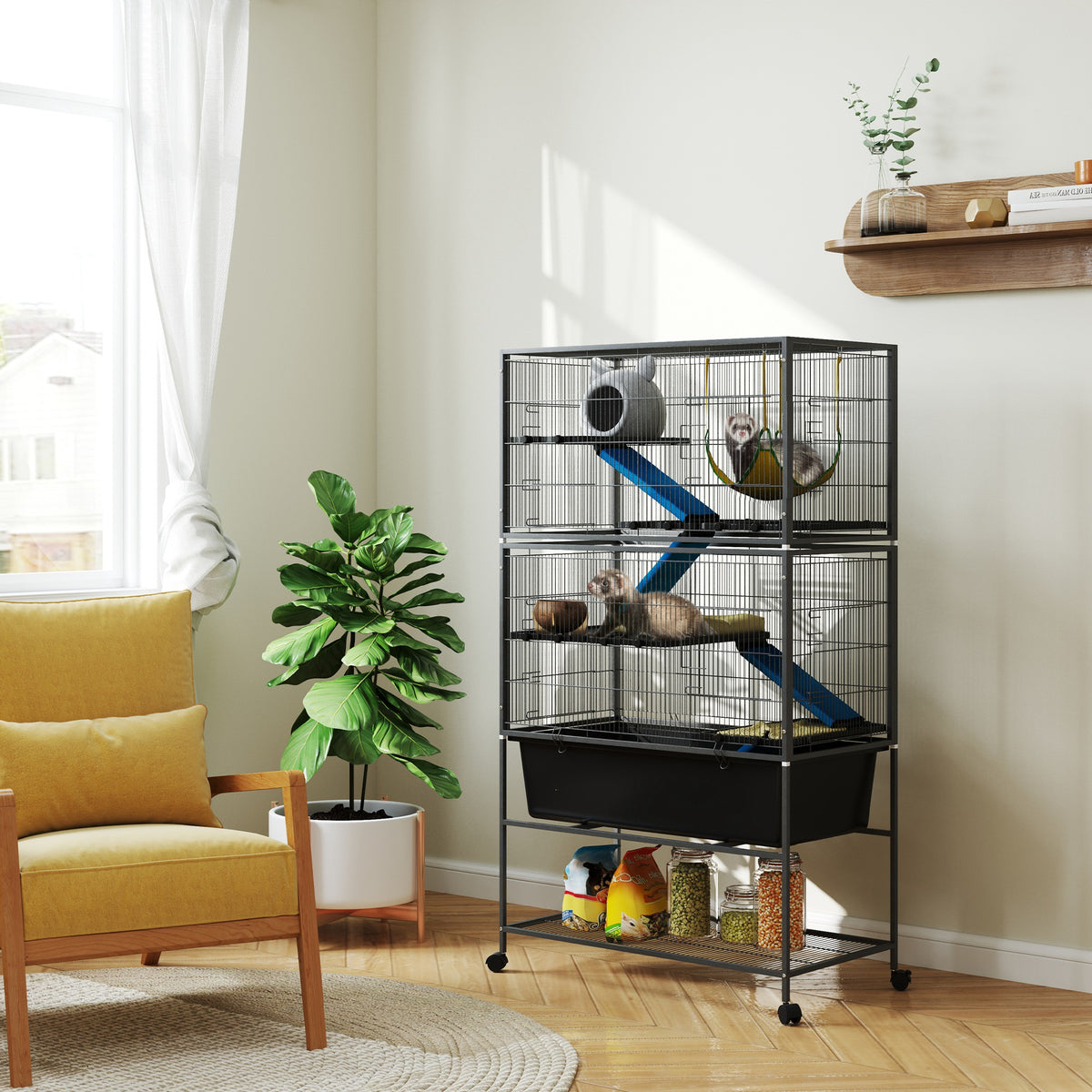 PawHut 5-Tier Rolling Small Animal Cage with Non-Slip Cloth-Covered Ramps, Storage Shelf & Wheels, Dark Grey