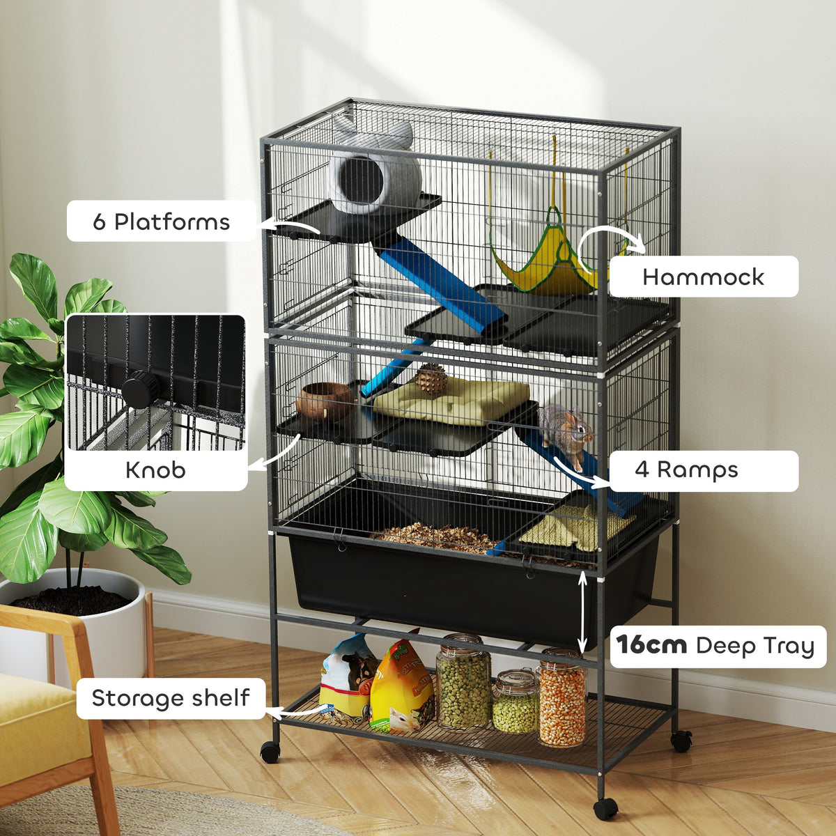 PawHut 5-Tier Rolling Small Animal Cage with Non-Slip Cloth-Covered Ramps, Storage Shelf & Wheels, Dark Grey