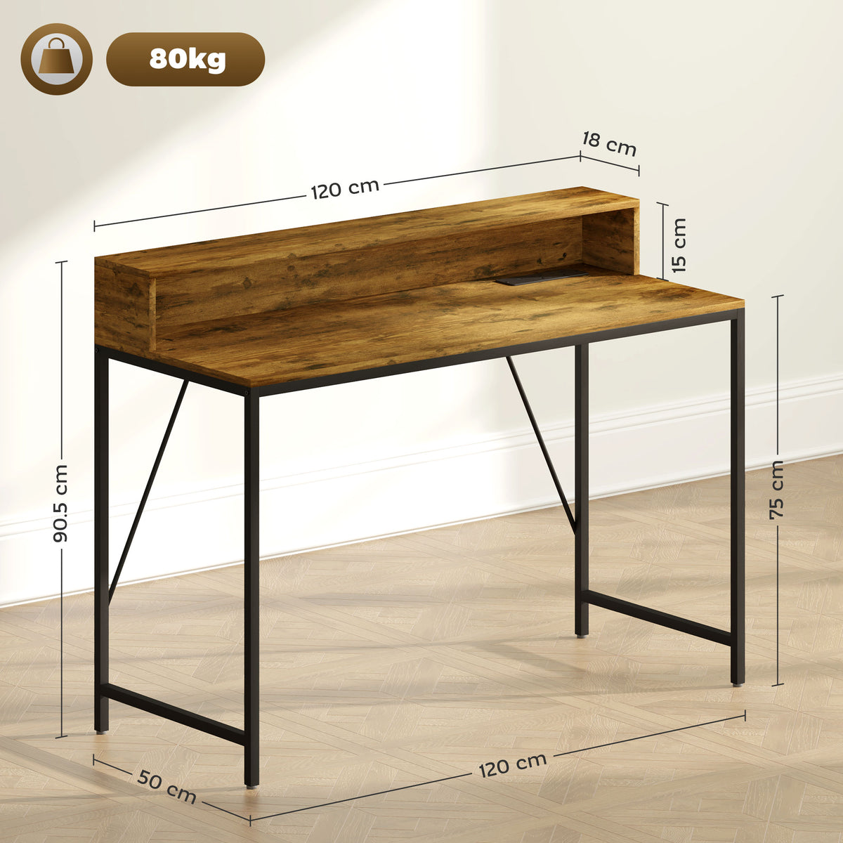 HOMCOM Computer Desk with LED Lights, Power Strip and Monitor Shelf – Remote Control Study Table, Brown