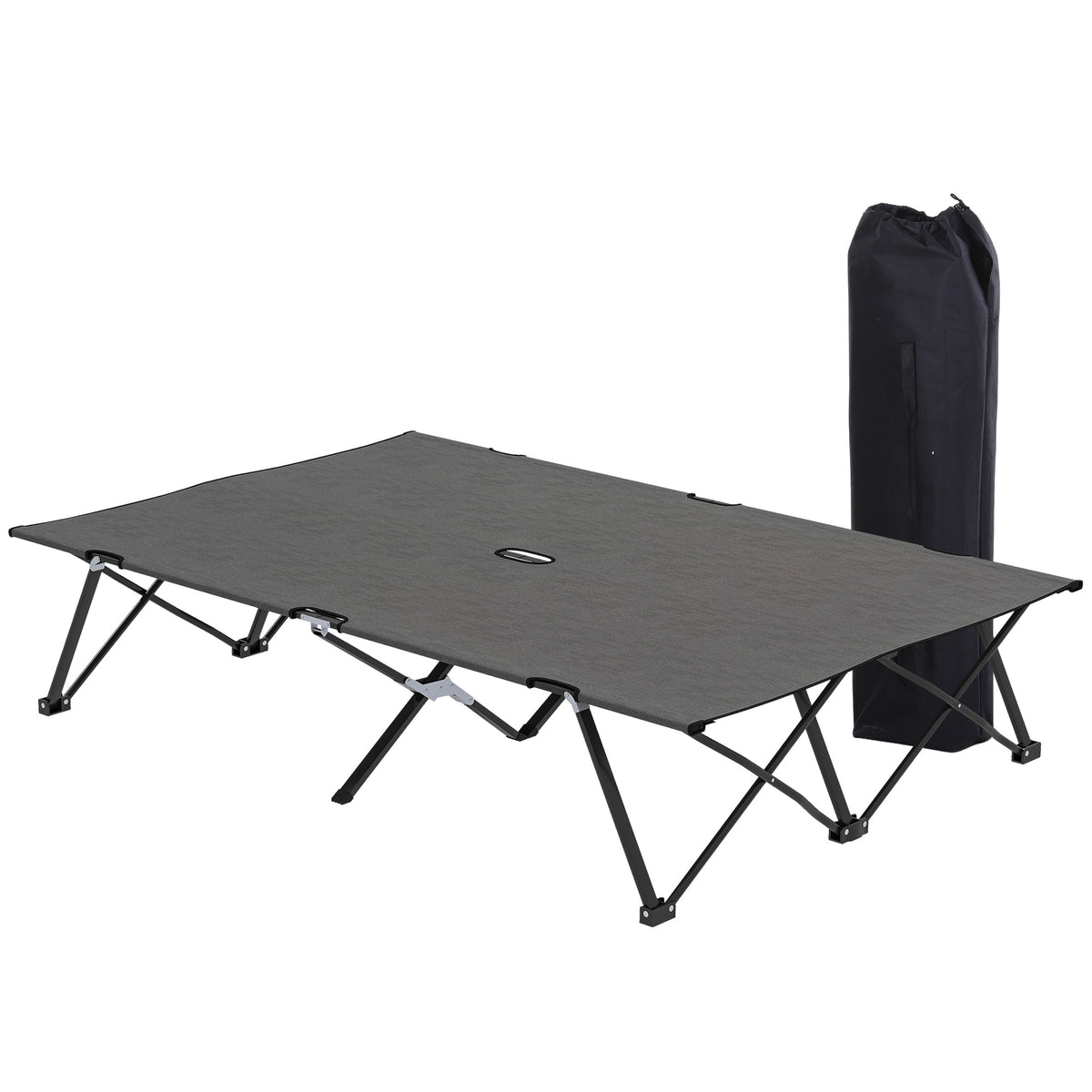 Outsunny Double Folding Camping Cot with Steel Frame & Carry Bag – Portable 2 Person Camp Bed, Charcoal Grey