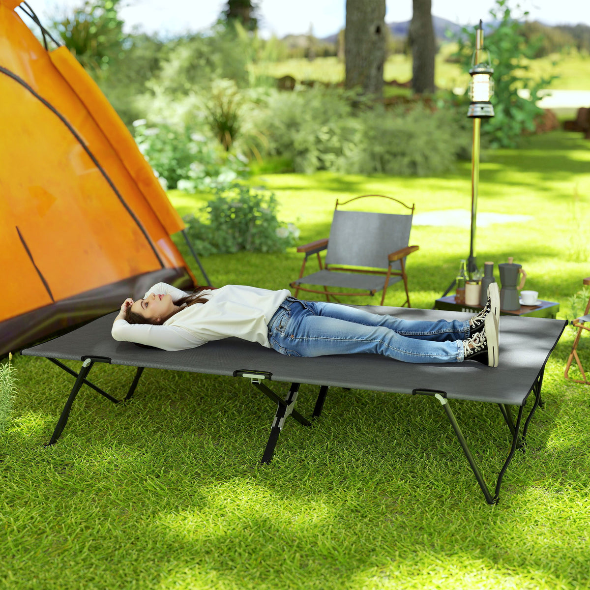 Outsunny Double Folding Camping Cot with Steel Frame & Carry Bag – Portable 2 Person Camp Bed, Charcoal Grey