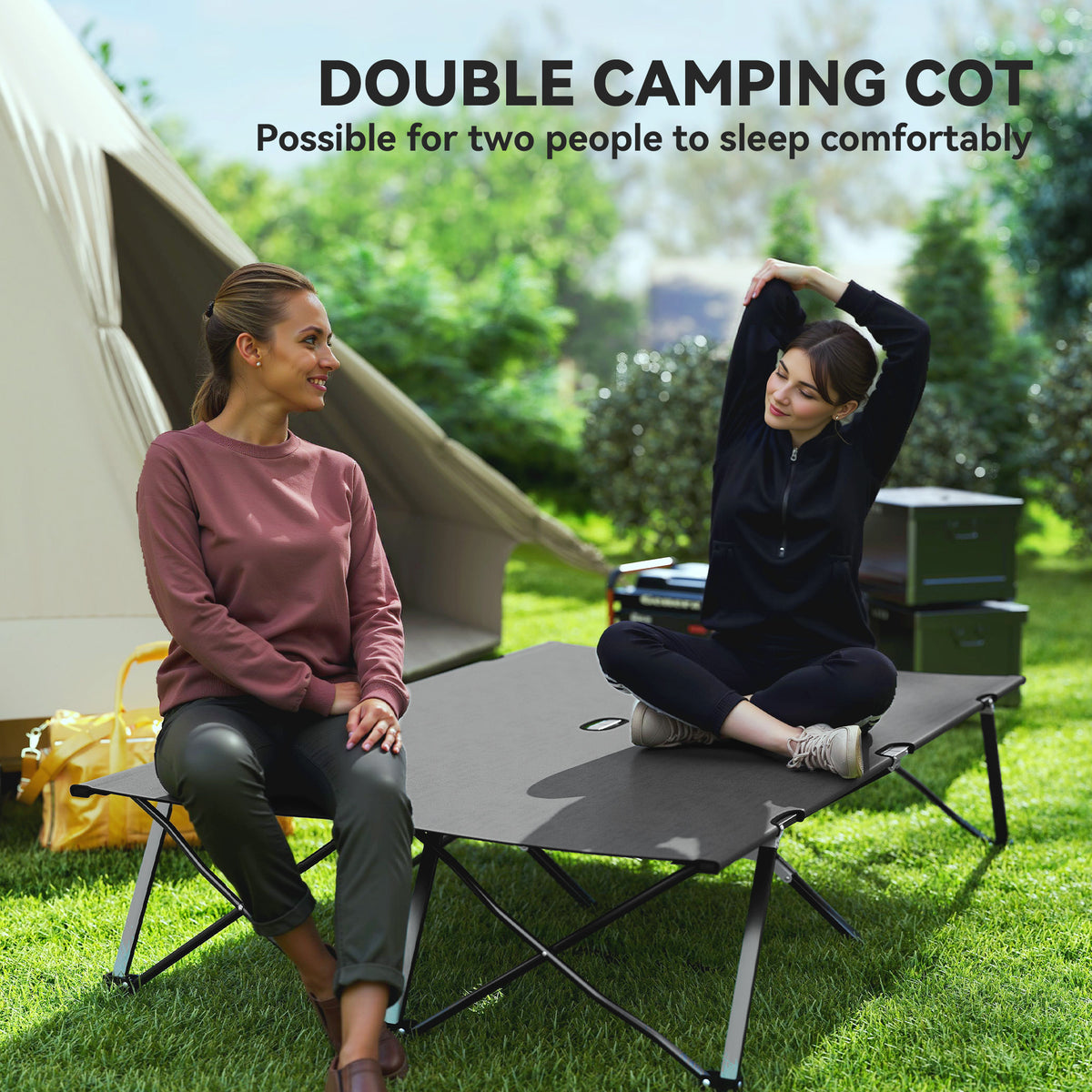 Outsunny Double Folding Camping Cot with Steel Frame & Carry Bag – Portable 2 Person Camp Bed, Charcoal Grey