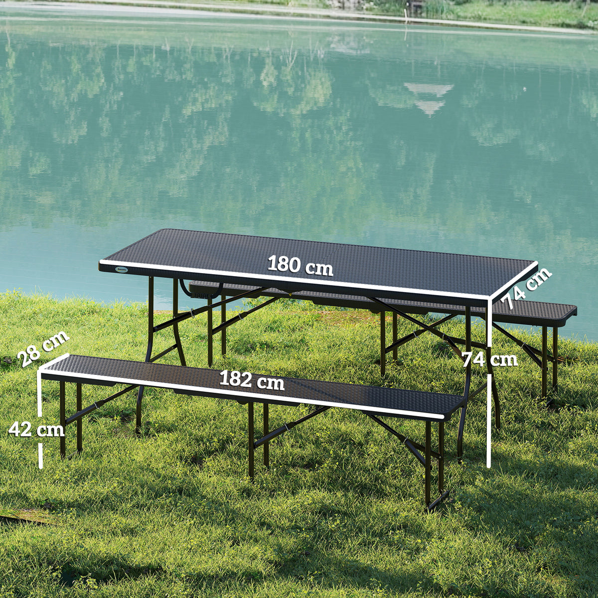 Outsunny Rattan Effect Folding Picnic Table and Bench Set with Handles – 3-Piece Outdoor Dining Set, Black