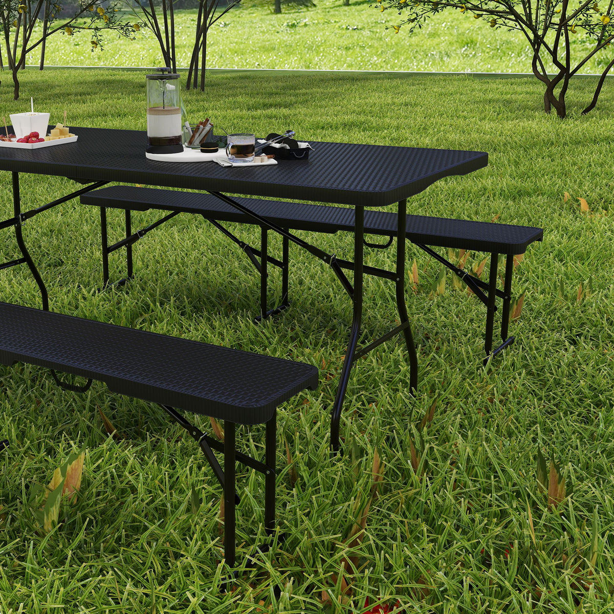 Outsunny Rattan Effect Folding Picnic Table and Bench Set with Handles – 3-Piece Outdoor Dining Set, Black