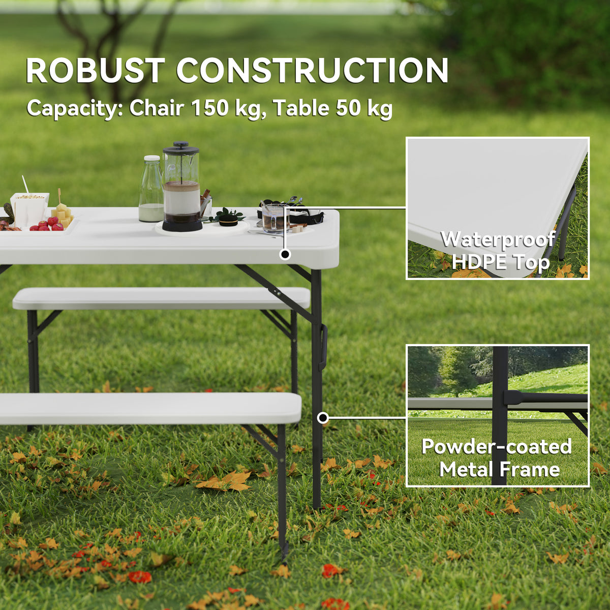Outsunny 3 Piece Folding Picnic Table and Bench Set with Carry Handle – Portable HDPE Camping Table, Light Grey