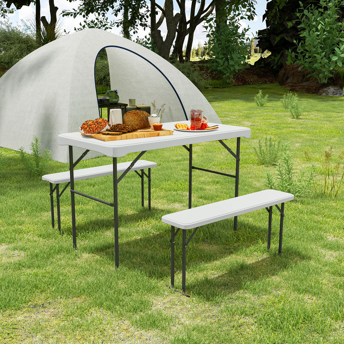 Outsunny 3 Piece Folding Picnic Table and Bench Set with Carry Handle – Portable HDPE Camping Table, Light Grey