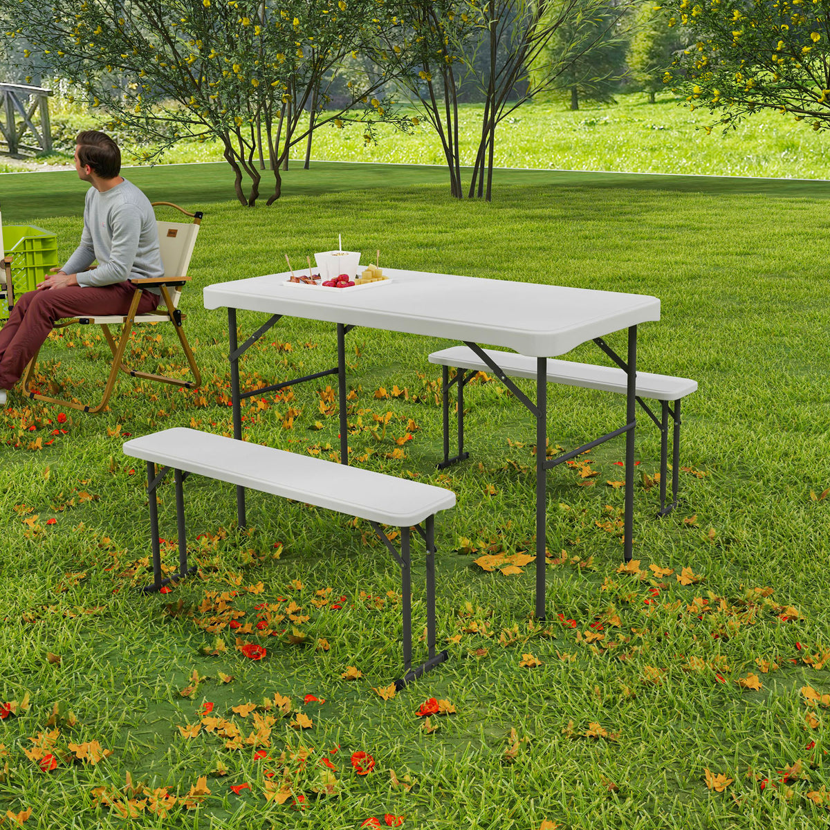 Outsunny 3 Piece Folding Picnic Table and Bench Set with Carry Handle – Portable HDPE Camping Table, Light Grey