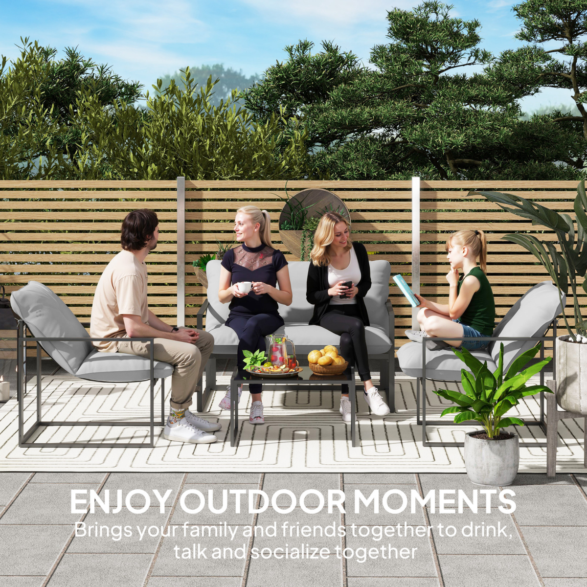 Outsunny 4-piece garden sofa set on a patio with plants