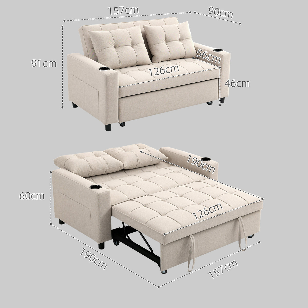 HOMCOM sofa bed dimensions diagram