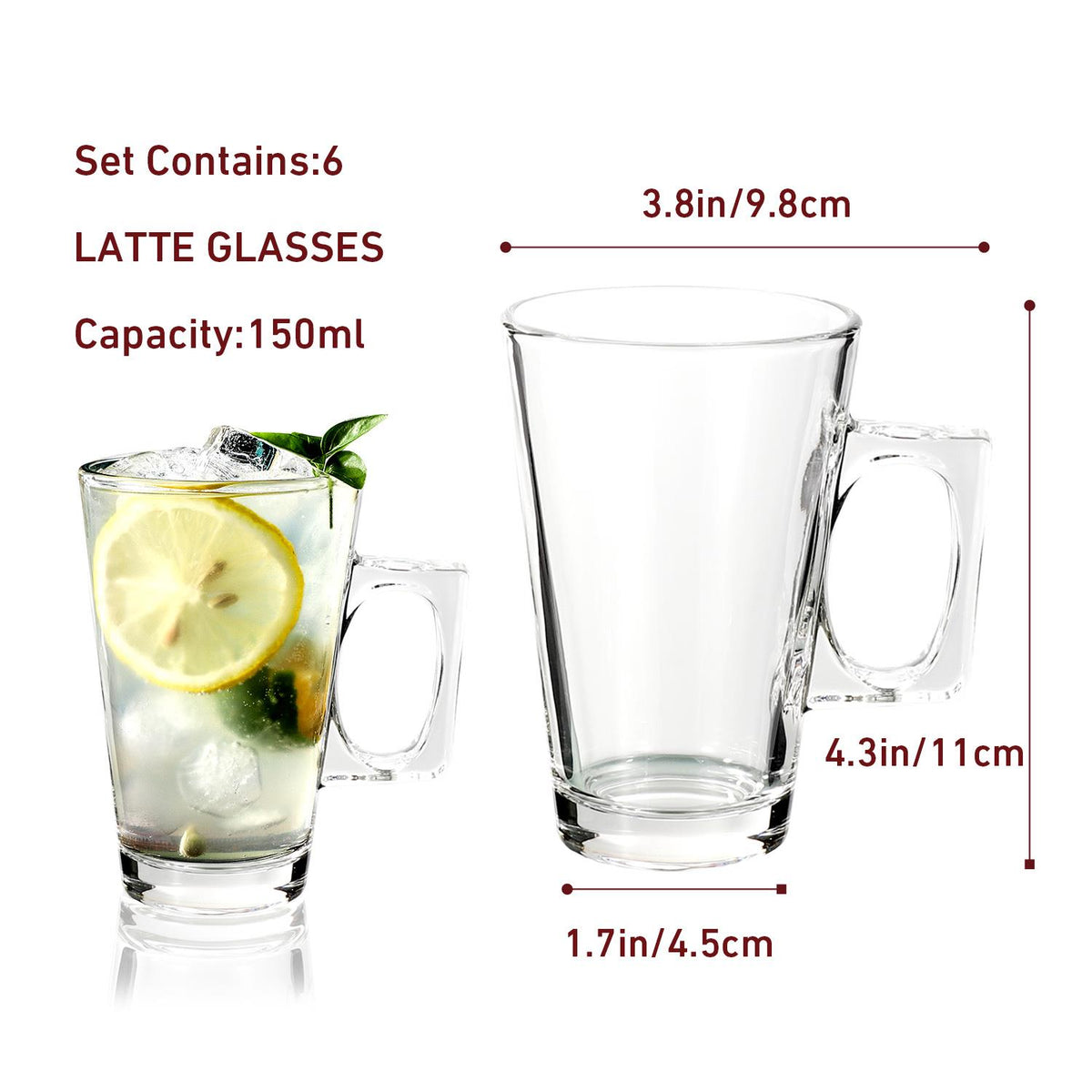 VINSANI Latte Glasses Set of 6 – Clear Glass for Lattes, Cappuccinos & Hot Chocolate
