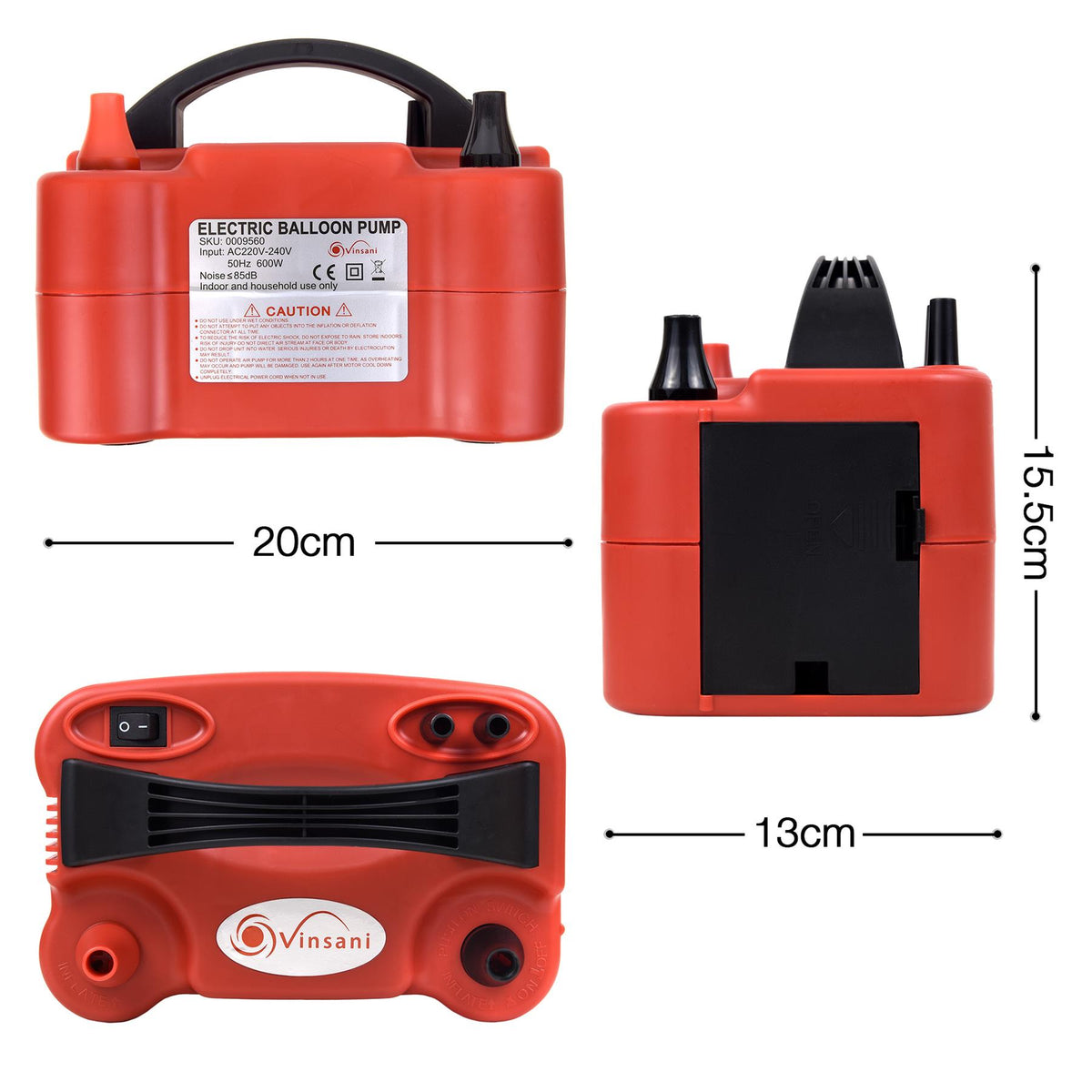 Vinsani 600W Electric Balloon Pump with Dual Nozzle and Manual/Auto Modes – Portable Party Inflator