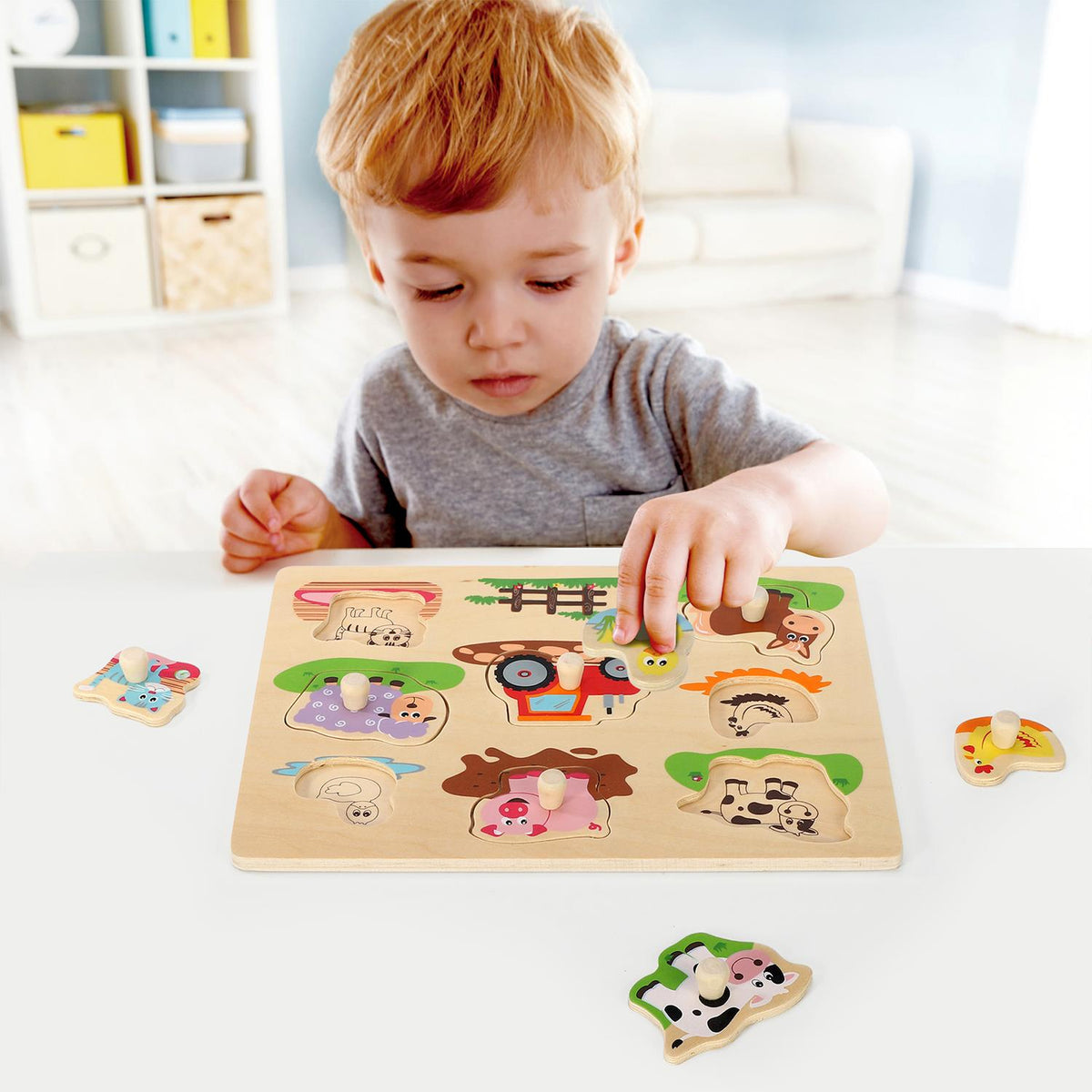 SOKA Farm Animals Peg Puzzle – Wooden Shape Sorting Toy for Young Children