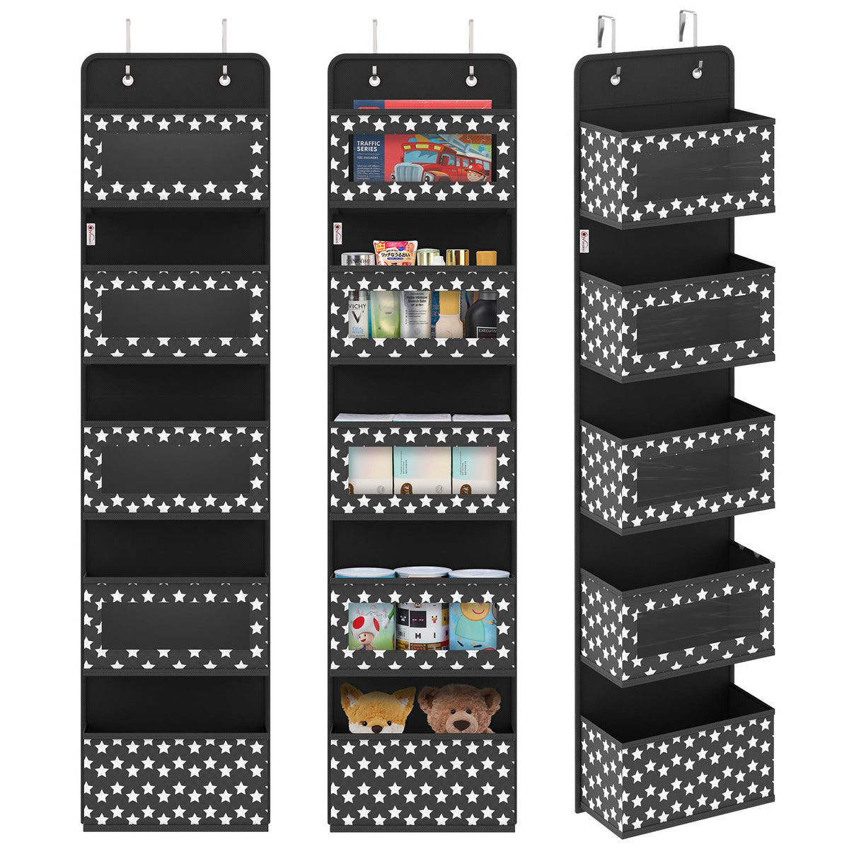 Vinsani 5 Tier Over-the-Door Hanging Organiser with Clear Windows – Space-Saving Wardrobe Storage, Black