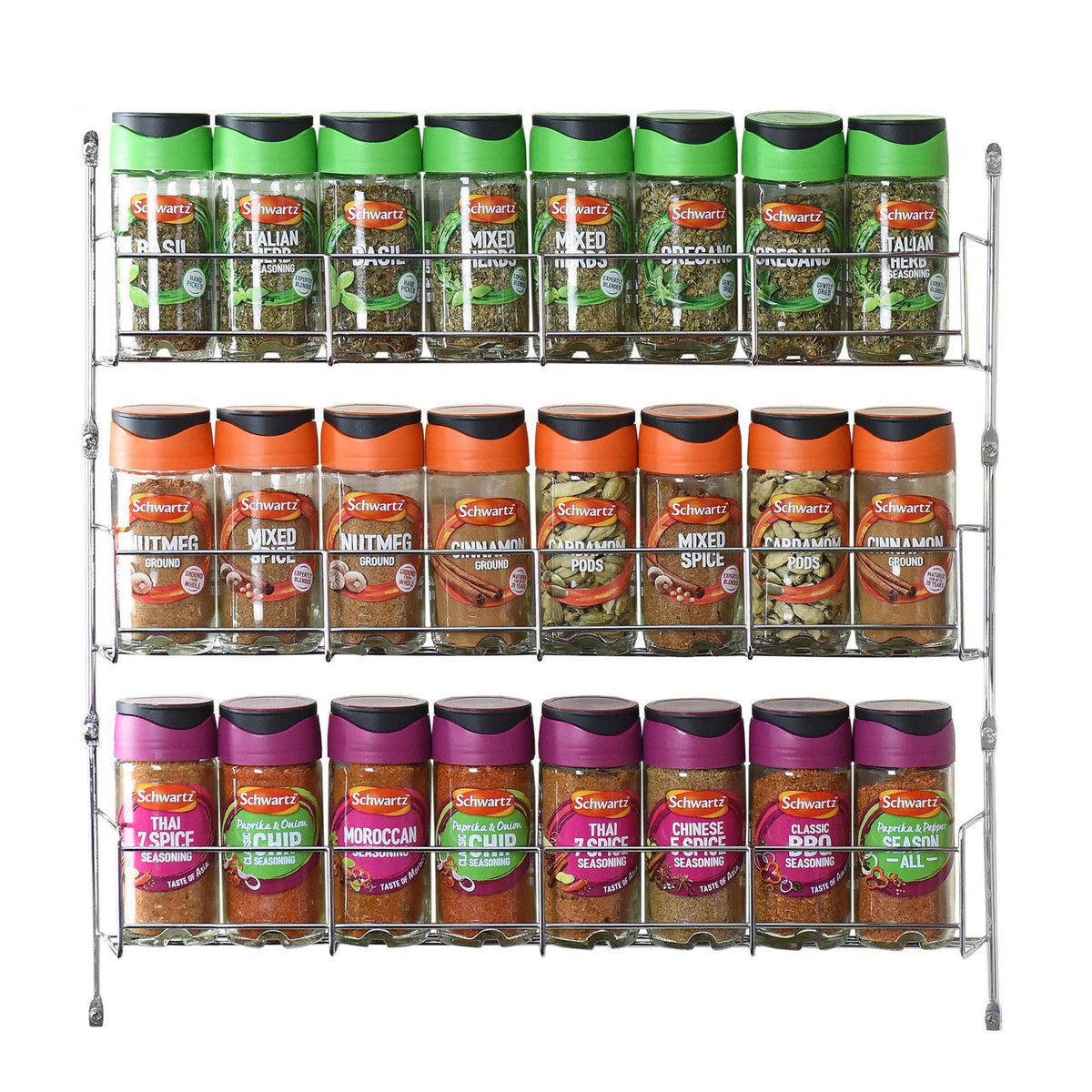 Vinsani 3 Tier Herb & Spice Rack with Chrome Finish, Holds 24 Jars – Wall or Cupboard Door Mounted