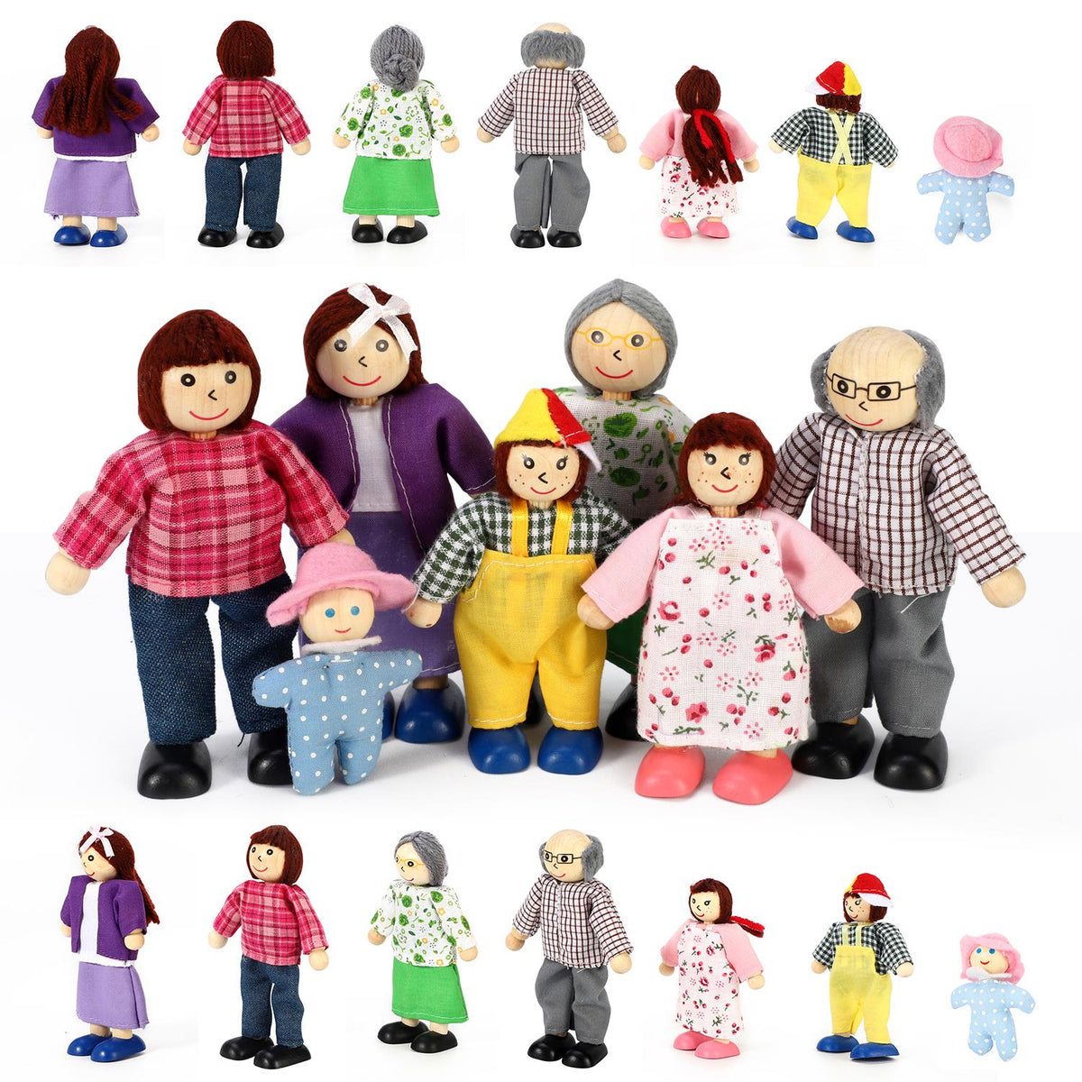 SOKA Big Family Doll House Figures Set with 7 Flexible Dolls – Grandparents, Parents and Kids