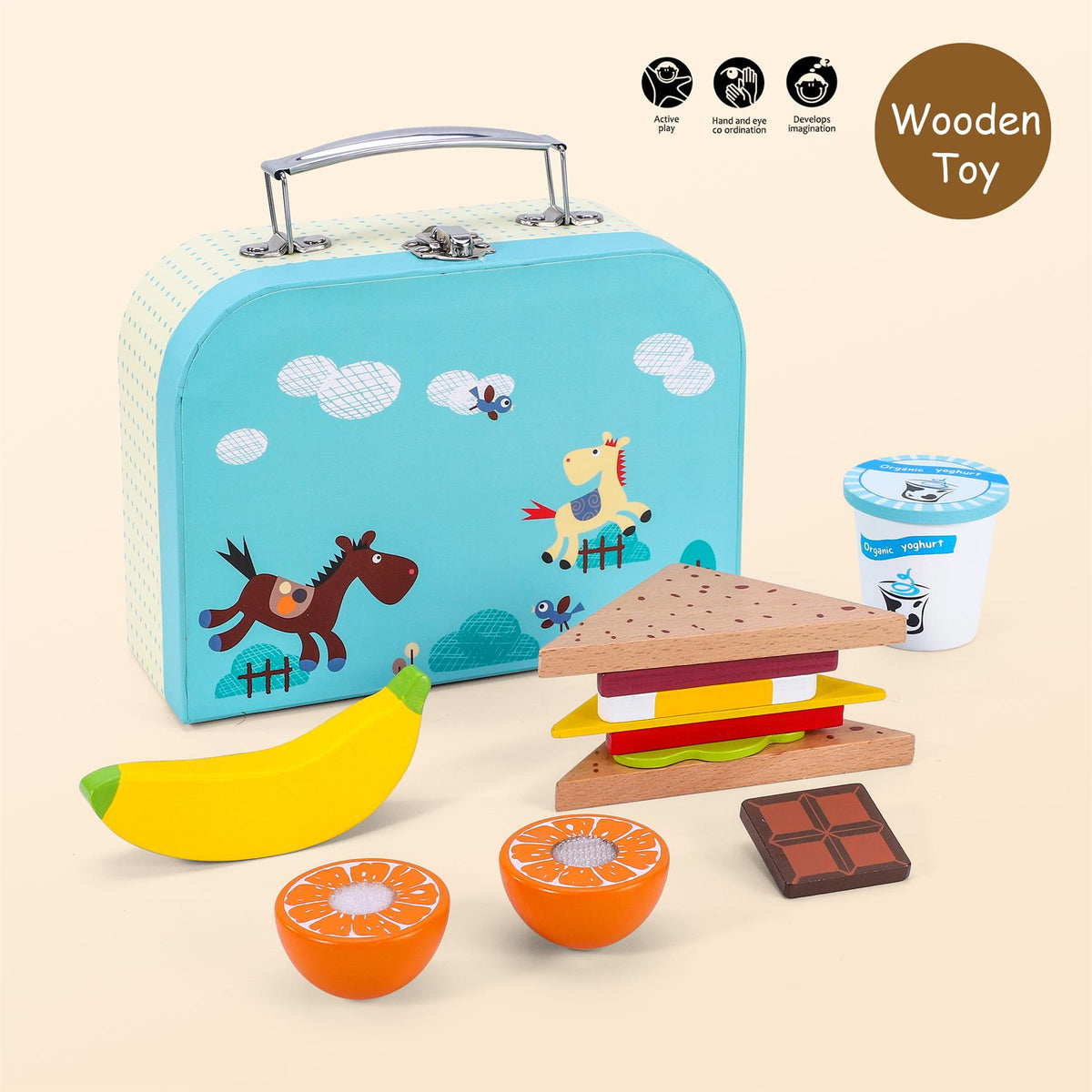 SOKA Wooden Sandwich Lunchbox Pretend Play Food Set for Kids – Toy Picnic Set with Fruit, Bread & Snacks