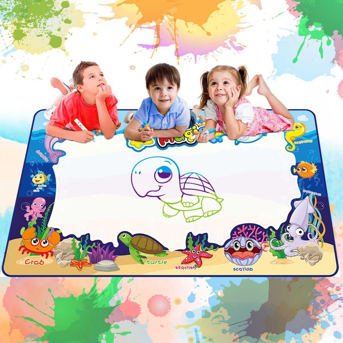 SOKA Deluxe Water Doodle Set with 150 x 90cm Mat, 2 Magic Pens and Stencils – Reusable Kids' Drawing