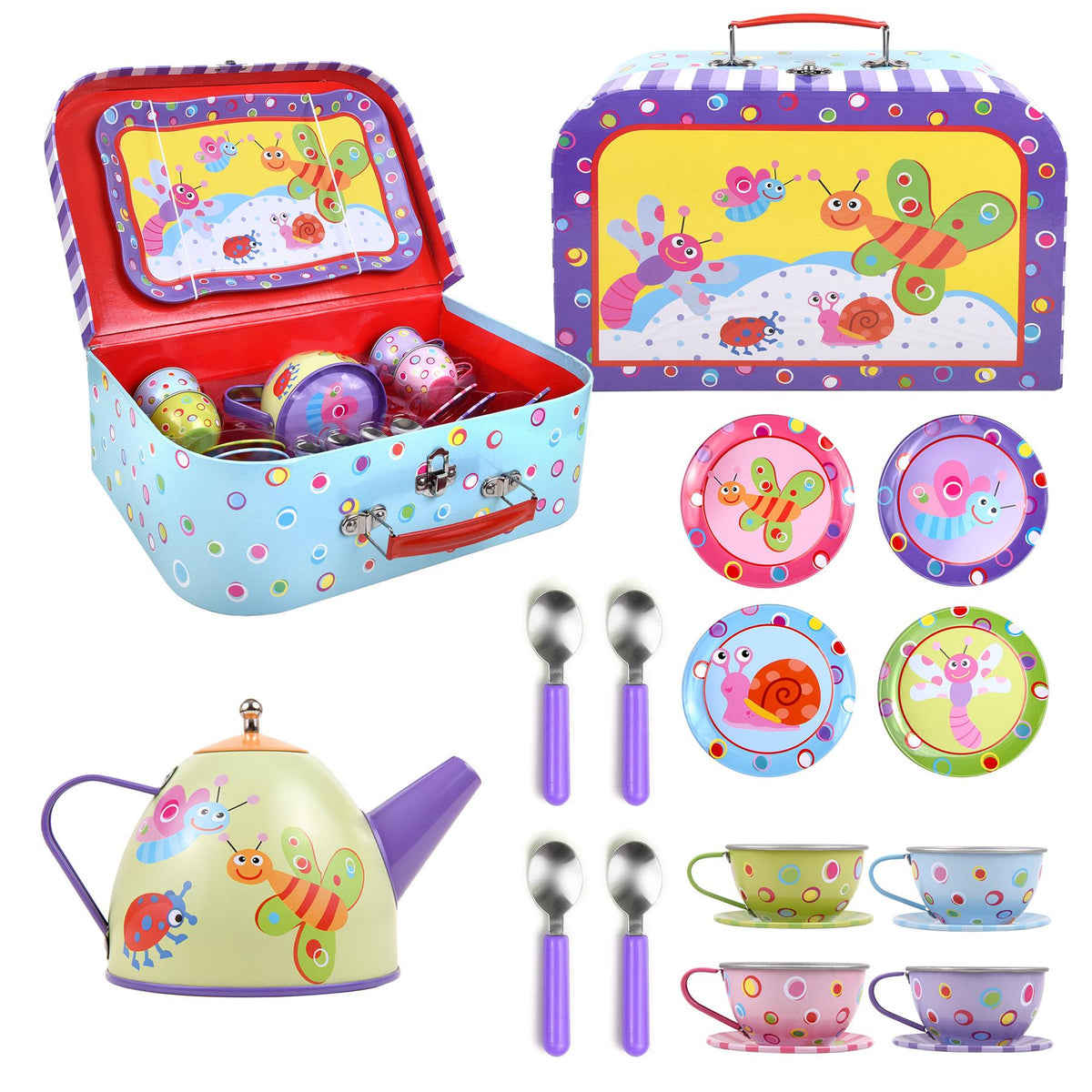 SOKA Tea Set for Boys and Girls – Role Play Tea Party Toy with Colourful Illustrations (Bugs Design)
