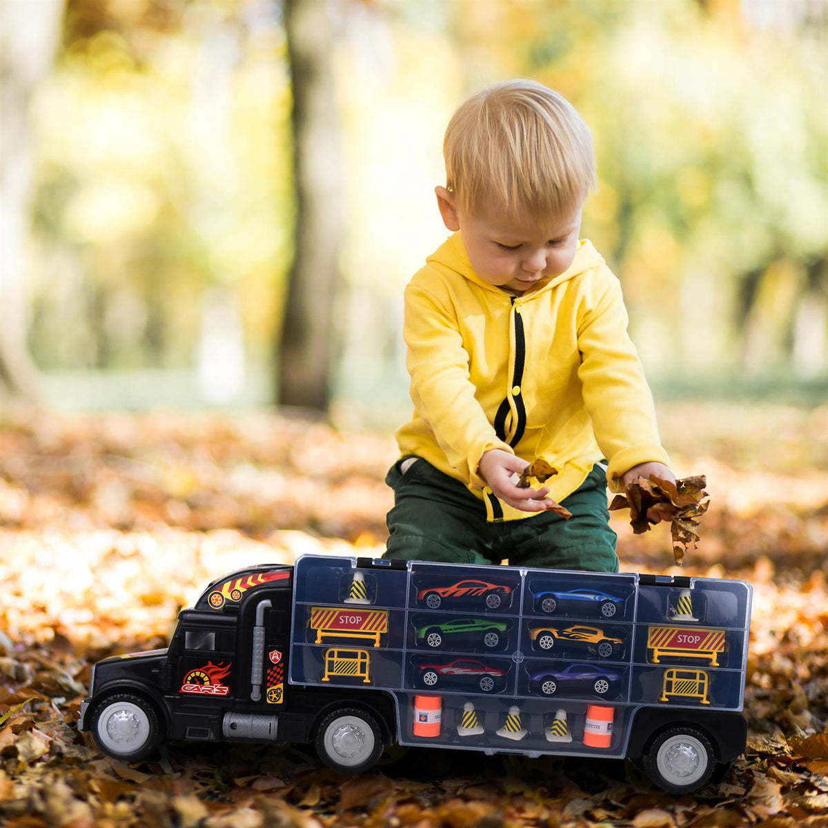 SOKA Transporter Truck Car Carrier Set with 6 Die-Cast Cars, Cones, Barrels & Signs – Toy Highway Playset