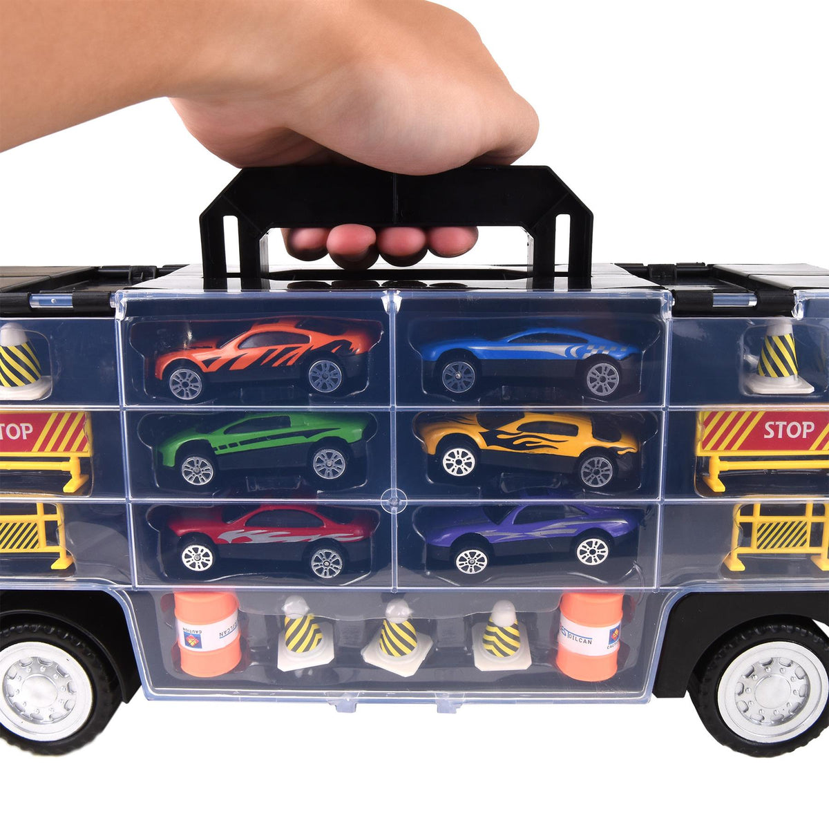 SOKA Transporter Truck Car Carrier Set with 6 Die-Cast Cars, Cones, Barrels & Signs – Toy Highway Playset