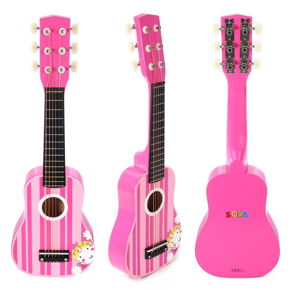 SOKA Wooden Pink Striped Toy Guitar with 6 Strings – Pretend Play Music Instrument for Toddlers, Ages 3+