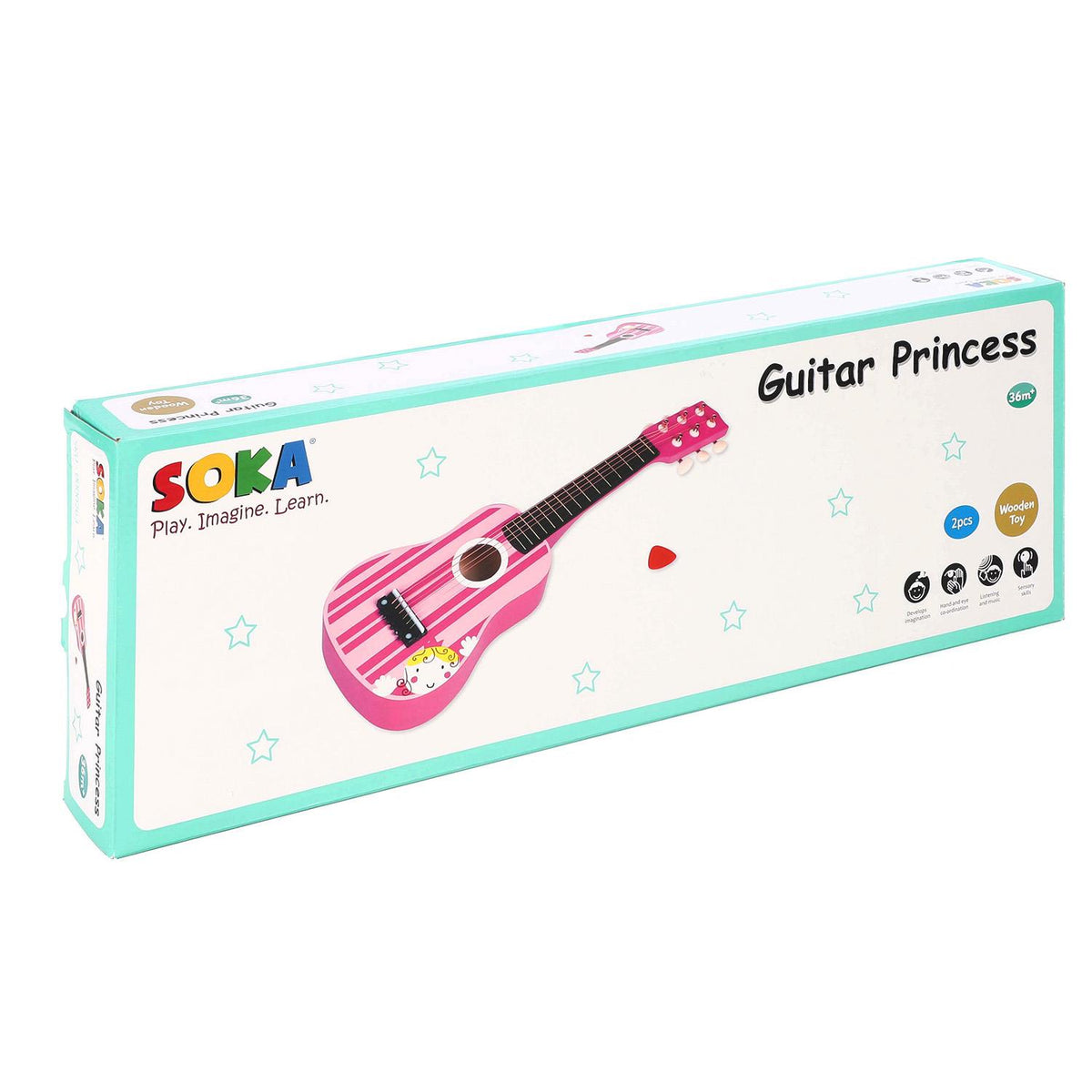 SOKA Wooden Pink Striped Toy Guitar with 6 Strings – Pretend Play Music Instrument for Toddlers, Ages 3+