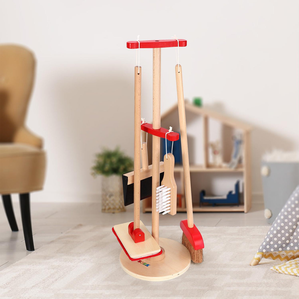 Lelin Kids Wooden Cleaning Play Set with Broom, Mop, Dustpan, Brush and Stand – Pretend Play Toy, 11 Pieces