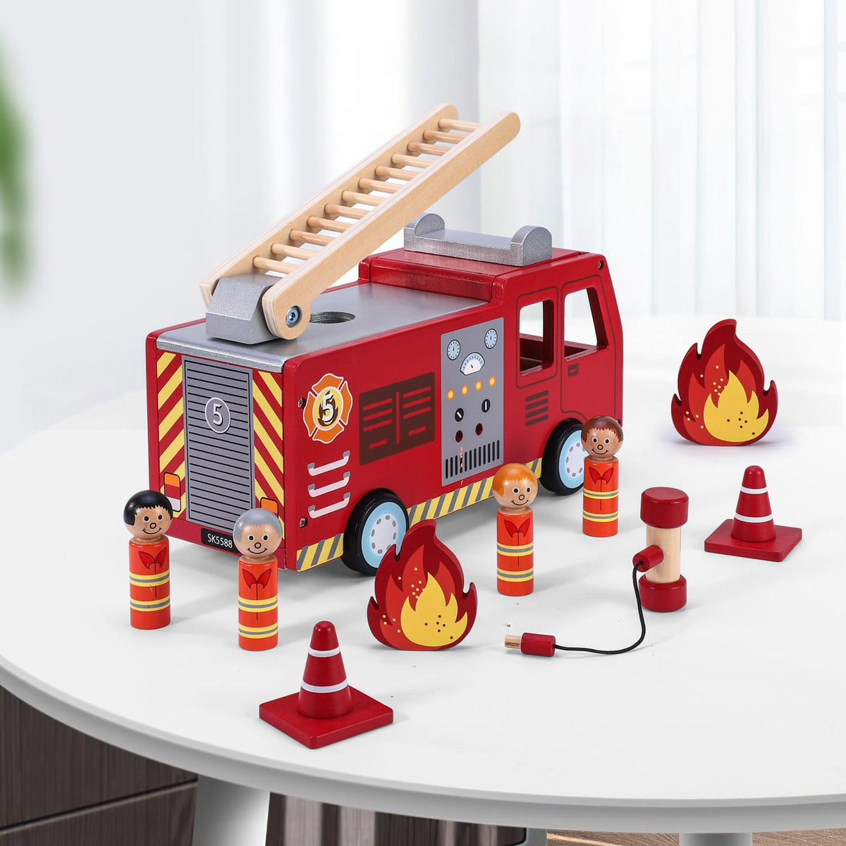 SOKA Wooden Fire Engine Playset with Extending Ladder, 4 Firefighter Figures & Hose – Kids Role Play Toy