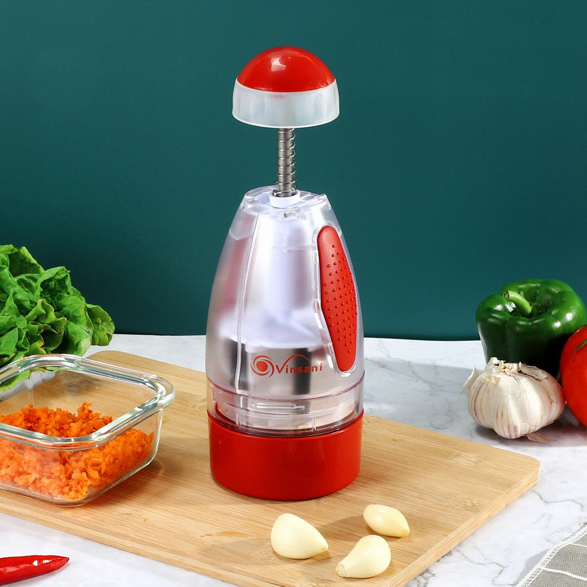 VINSANI Press Onion & Food Chopper – Quick Chopping for Onions, Garlic, Nuts & Herbs, Red/White