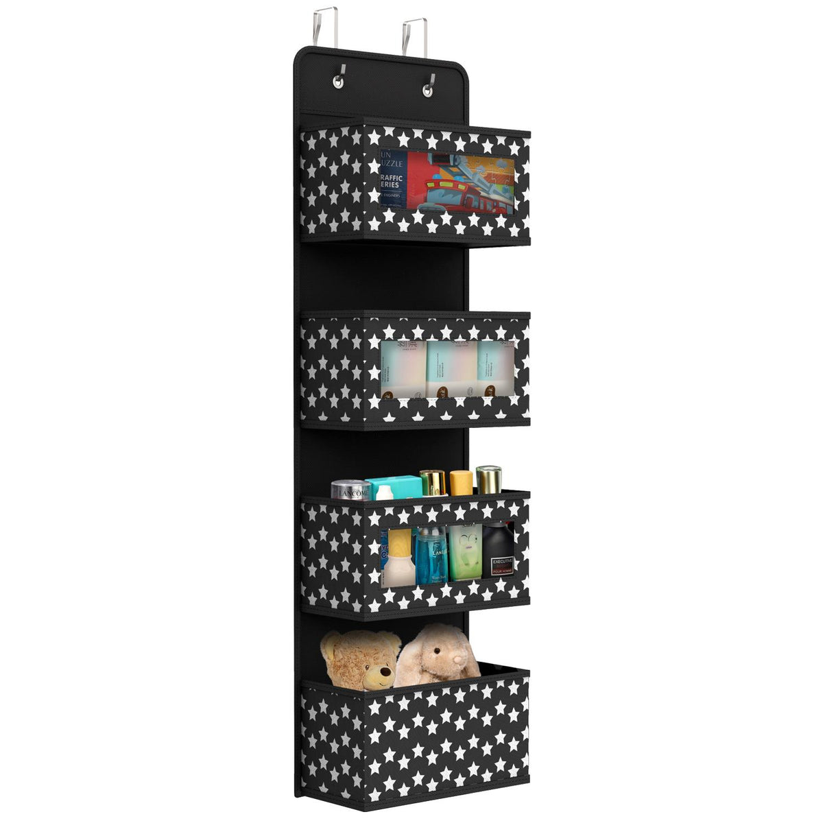 Vinsani 4 Tier Over Door Hanging Organiser with Clear Pockets and Metal Hooks – Space Saving Storage, Black