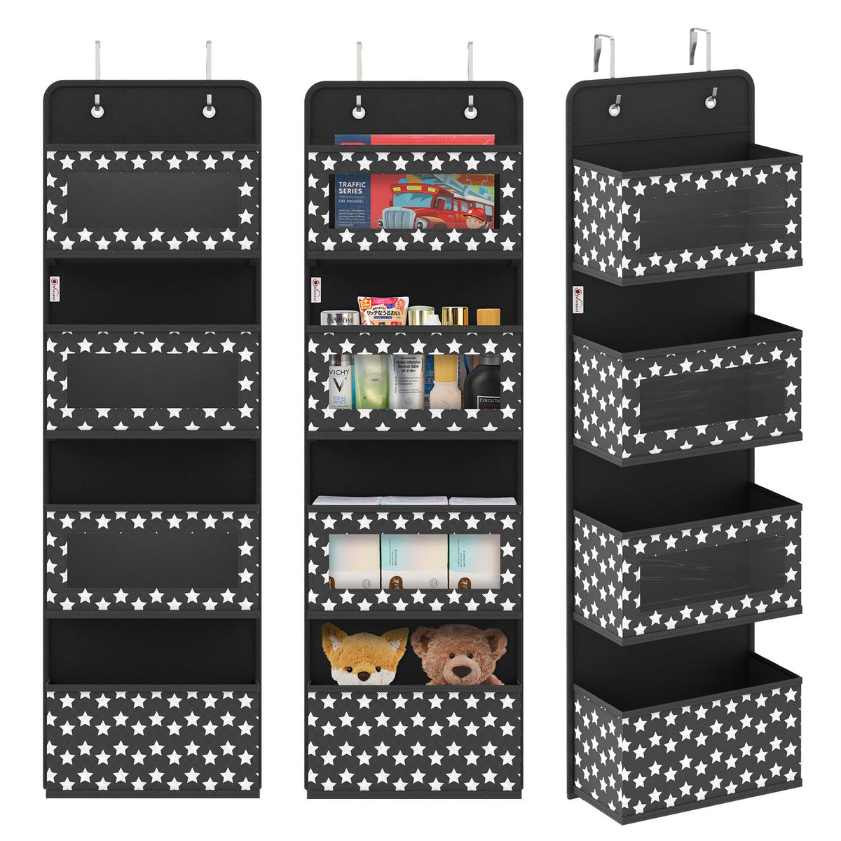 Vinsani 4 Tier Over Door Hanging Organiser with Clear Pockets and Metal Hooks – Space Saving Storage, Black