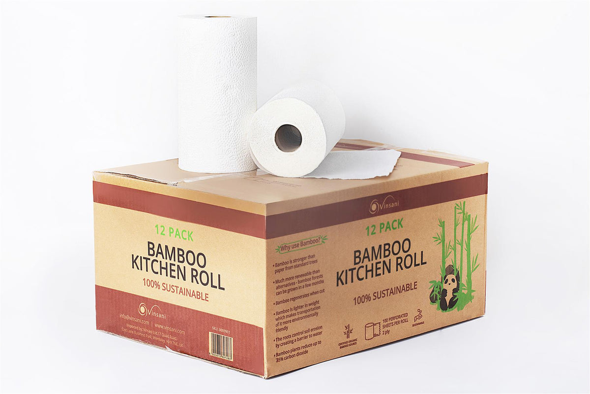 VINSANI Bamboo Kitchen Roll 12 Pack – Strong, Absorbent & Eco-Friendly Alternative to Paper Towels