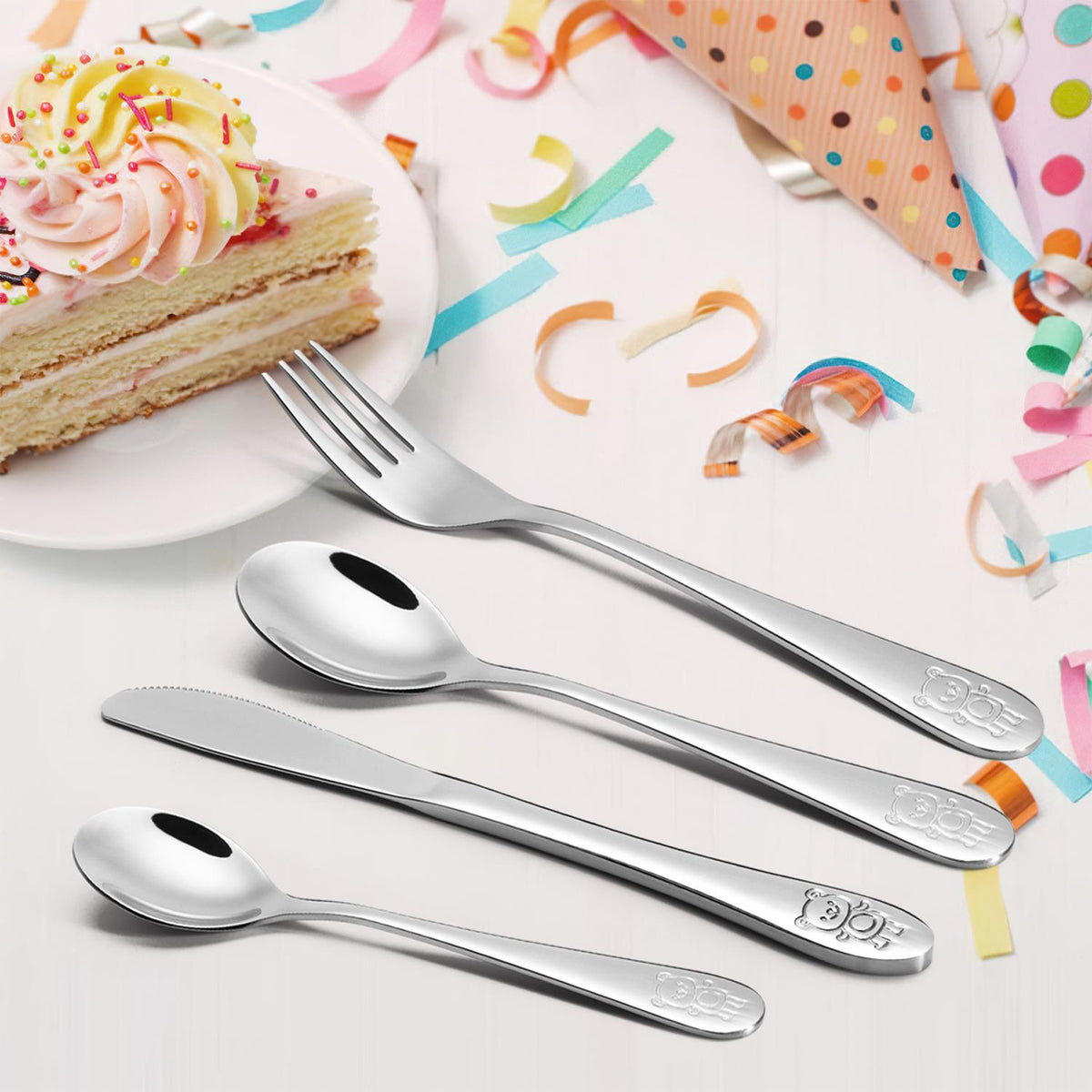 Vinsani 4-Piece Jungle Kids Cutlery Set with Embossed Animal Details – Stainless Steel Children's Cutlery