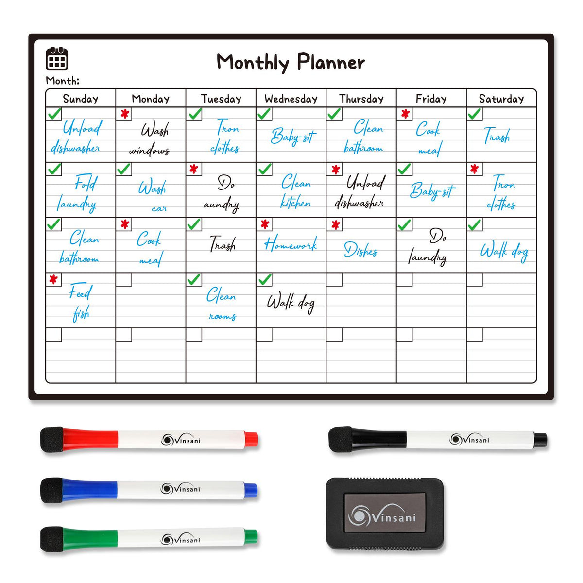 Vinsani Magnetic Monthly Planner Whiteboard with 4 Markers and Eraser – Home and Office Organiser