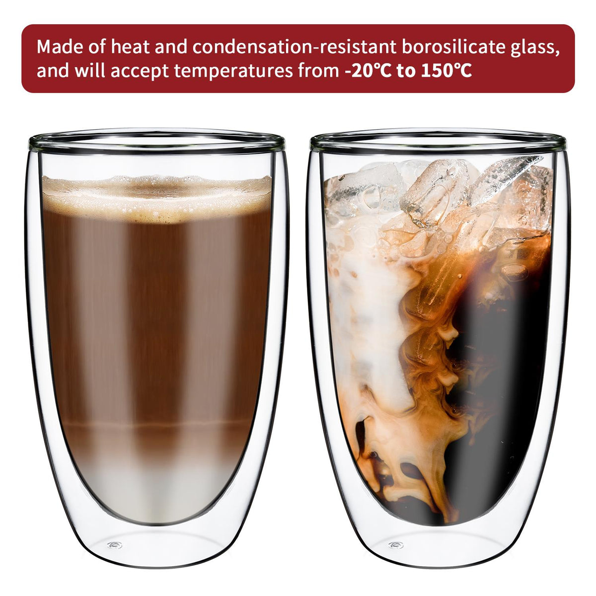 Vinsani Double Wall Glasses Set of 2, Edgy Design – Borosilicate Glass Cups for Coffee, Tea and Cocktails