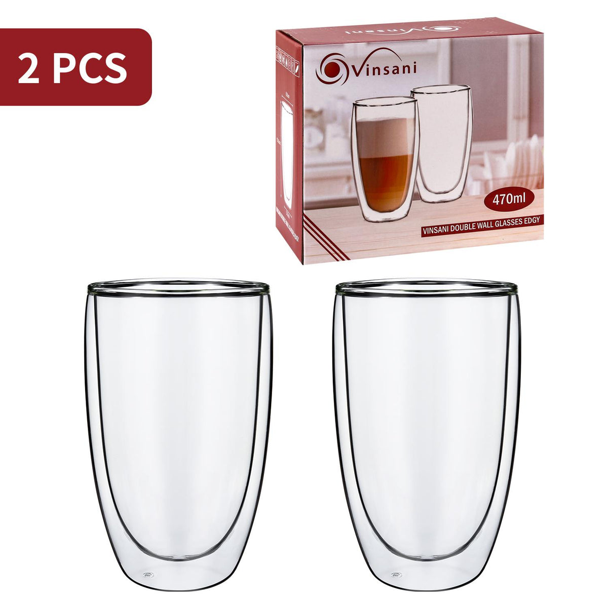 Vinsani Double Wall Glasses Set of 2, Edgy Design – Borosilicate Glass Cups for Coffee, Tea and Cocktails