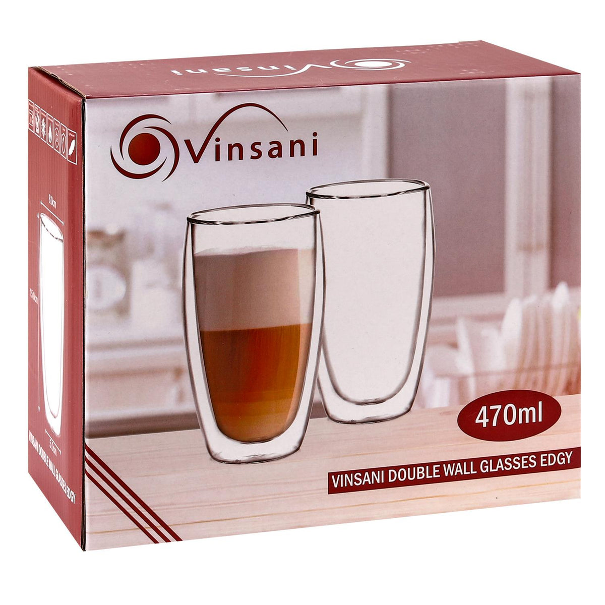 Vinsani Double Wall Glasses Set of 2, Edgy Design – Borosilicate Glass Cups for Coffee, Tea and Cocktails