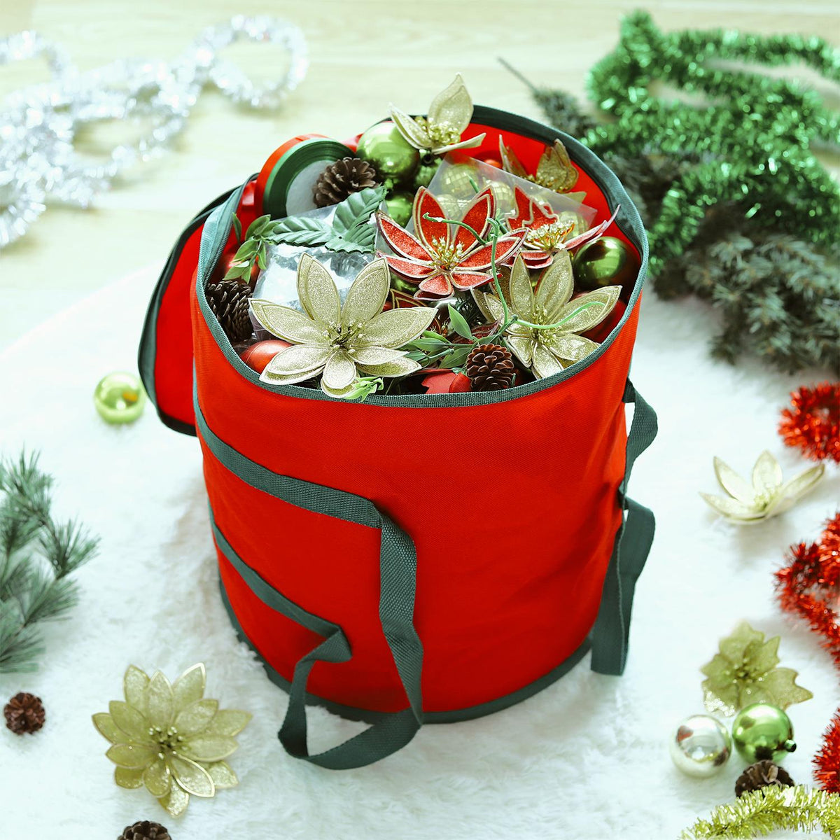 Vinsani Red Christmas Lights and Ornaments Storage Bag – Waterproof Oxford Fabric with Zip, 38 x 32 x 32cm