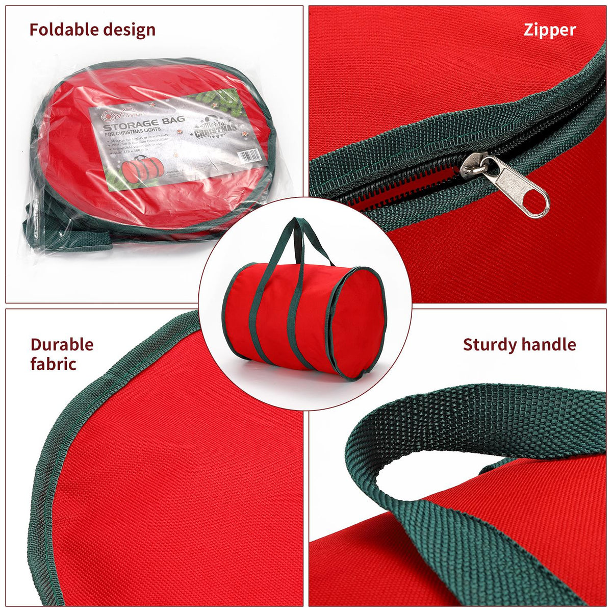 Vinsani Red Christmas Lights and Ornaments Storage Bag – Waterproof Oxford Fabric with Zip, 38 x 32 x 32cm