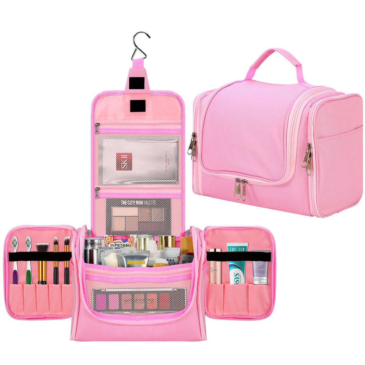 Vinsani Hanging Toiletry Bag with Double Zips, Mesh Pockets & Elastic Loops – Compact Travel Wash Bag, Pink