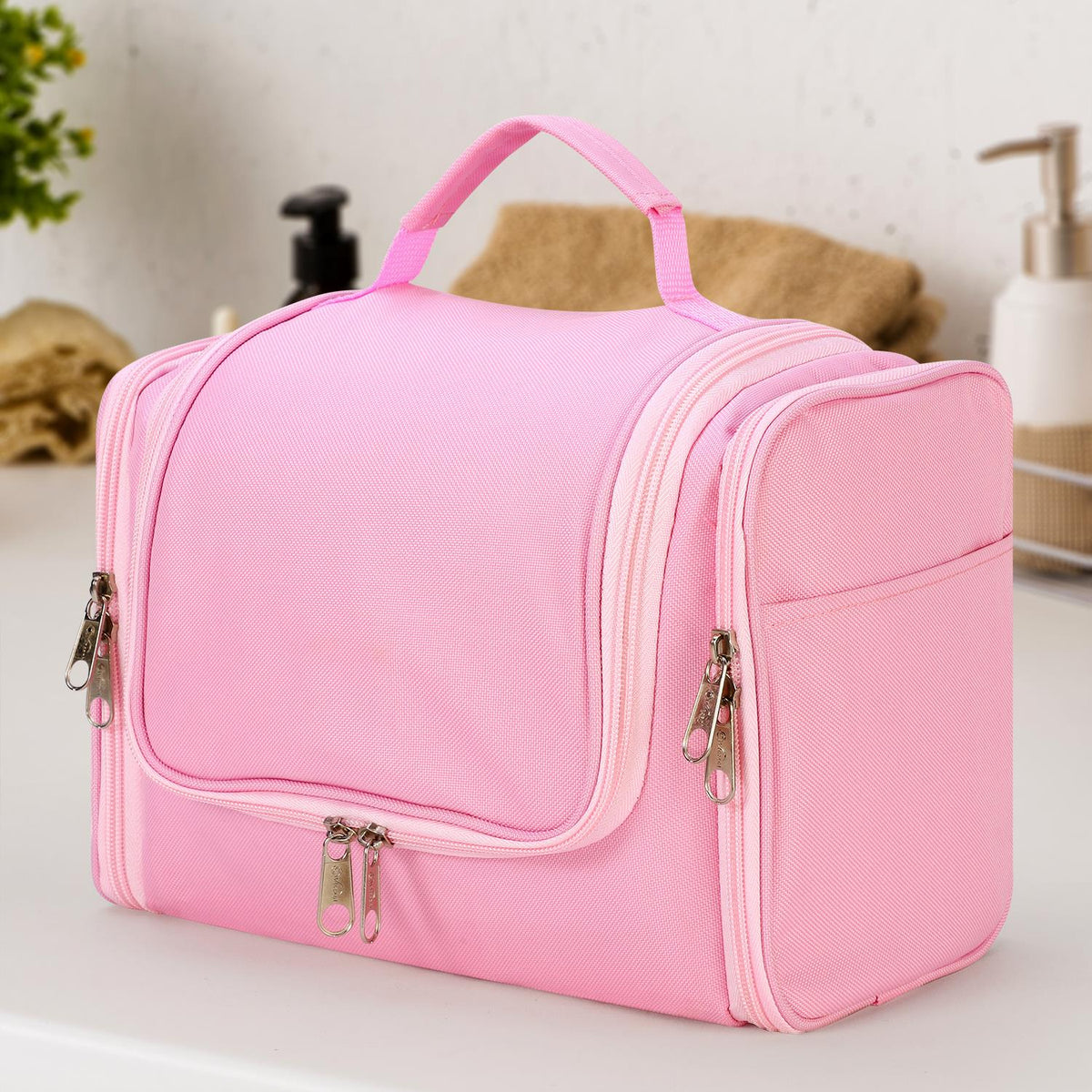 Vinsani Hanging Toiletry Bag with Double Zips, Mesh Pockets & Elastic Loops – Compact Travel Wash Bag, Pink
