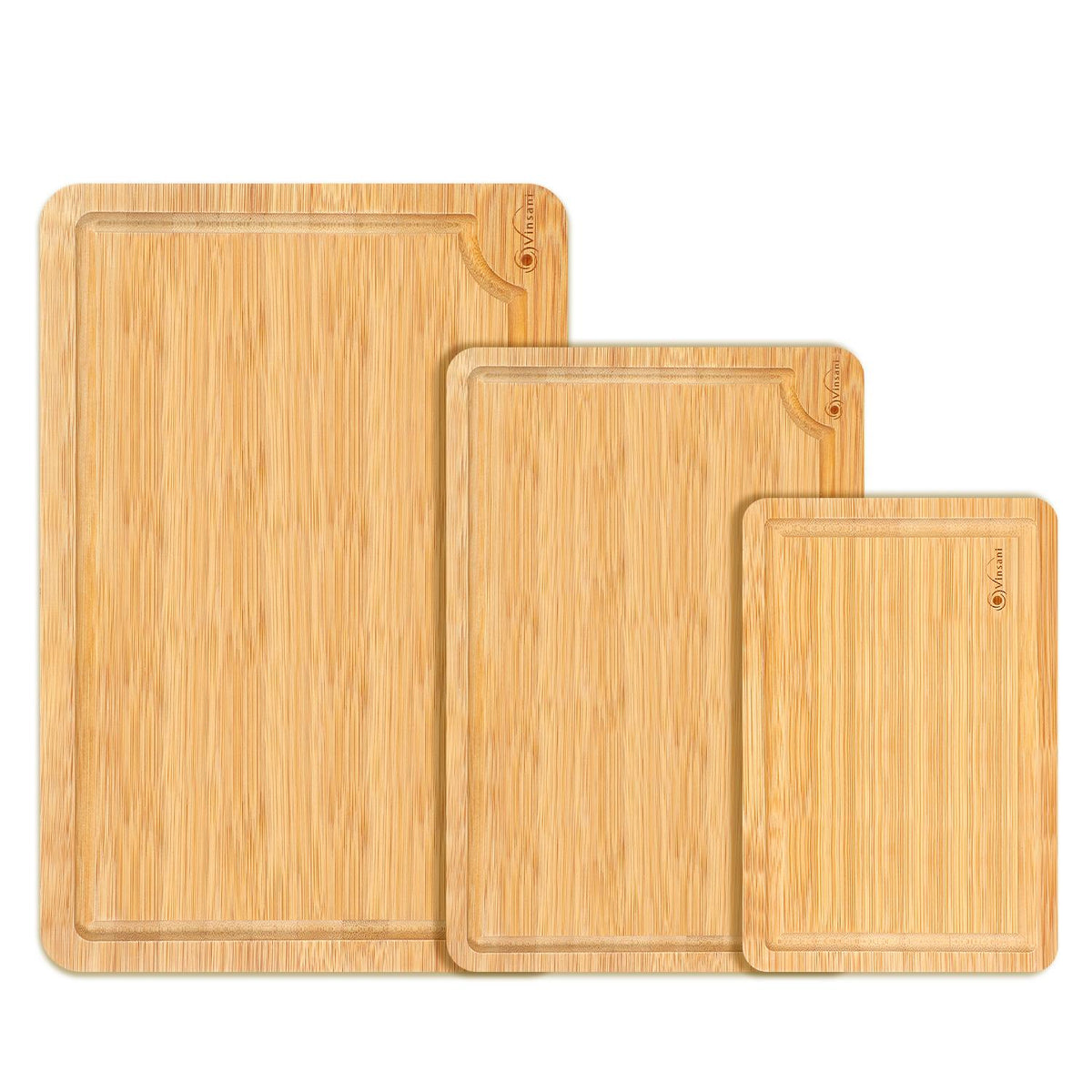 Vinsani Bamboo Chopping Board Set of 3 with Drip Grooves & Side Handle – Reversible Serving & Cheese Boards