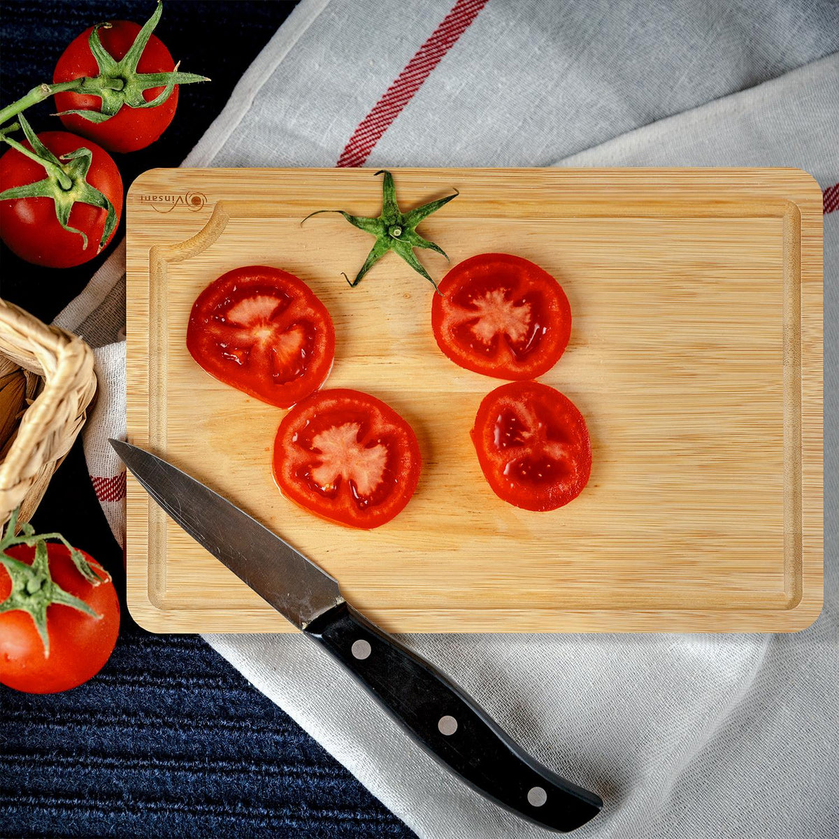 Vinsani Bamboo Chopping Board Set of 3 with Drip Grooves & Side Handle – Reversible Serving & Cheese Boards