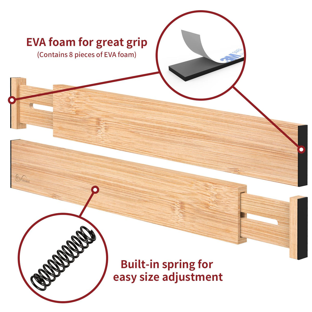 VINSANI Adjustable Bamboo Drawer Dividers – Spring-Loaded Organisers for Utensils, Tools & Clothes