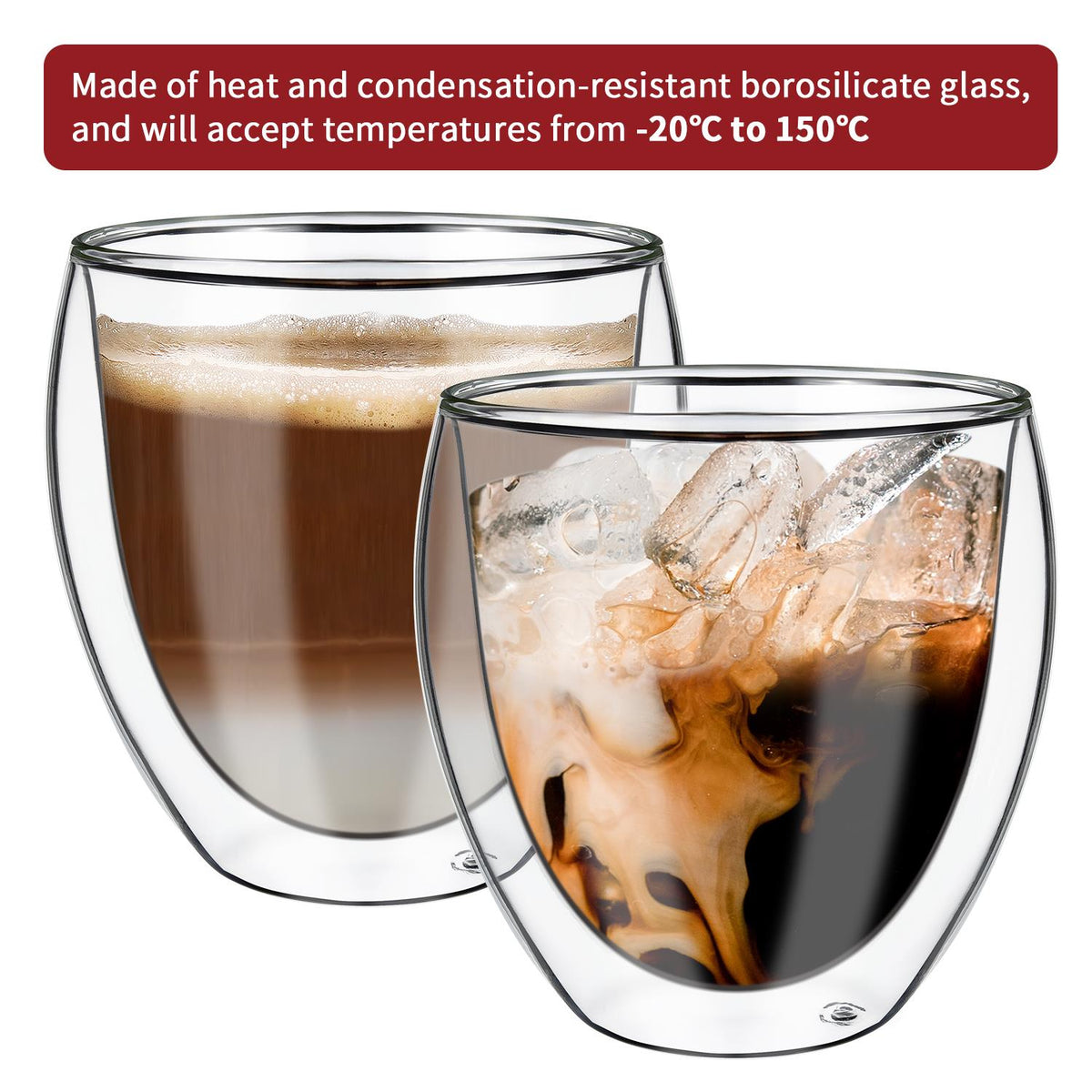 Vinsani Cava Double Wall Glasses, Set of 2, 100ml Borosilicate – Hot and Cold Drinks Cups
