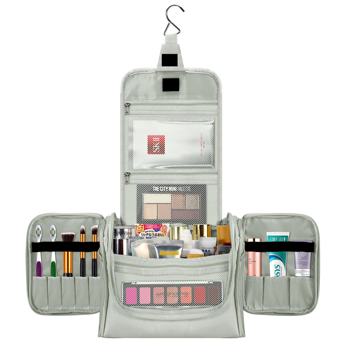 Vinsani Hanging Toiletry Bag with Compartments, Mesh Pockets and Two Zippers – Travel Makeup Organiser, Dark Grey