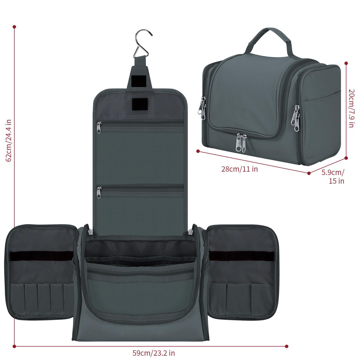 Vinsani Hanging Toiletry Bag with Mesh Pockets and Elastic Loops – Travel Wash Bag, Dark Grey
