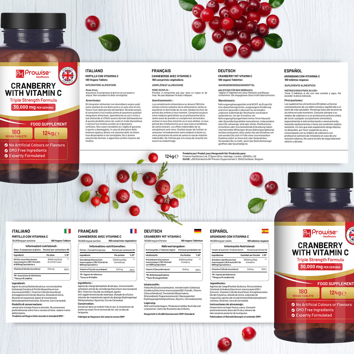 Prowise Triple Strength Cranberry 30,000mg with Vitamin C 240mg – 180 Vegan Tablets for Men & Women