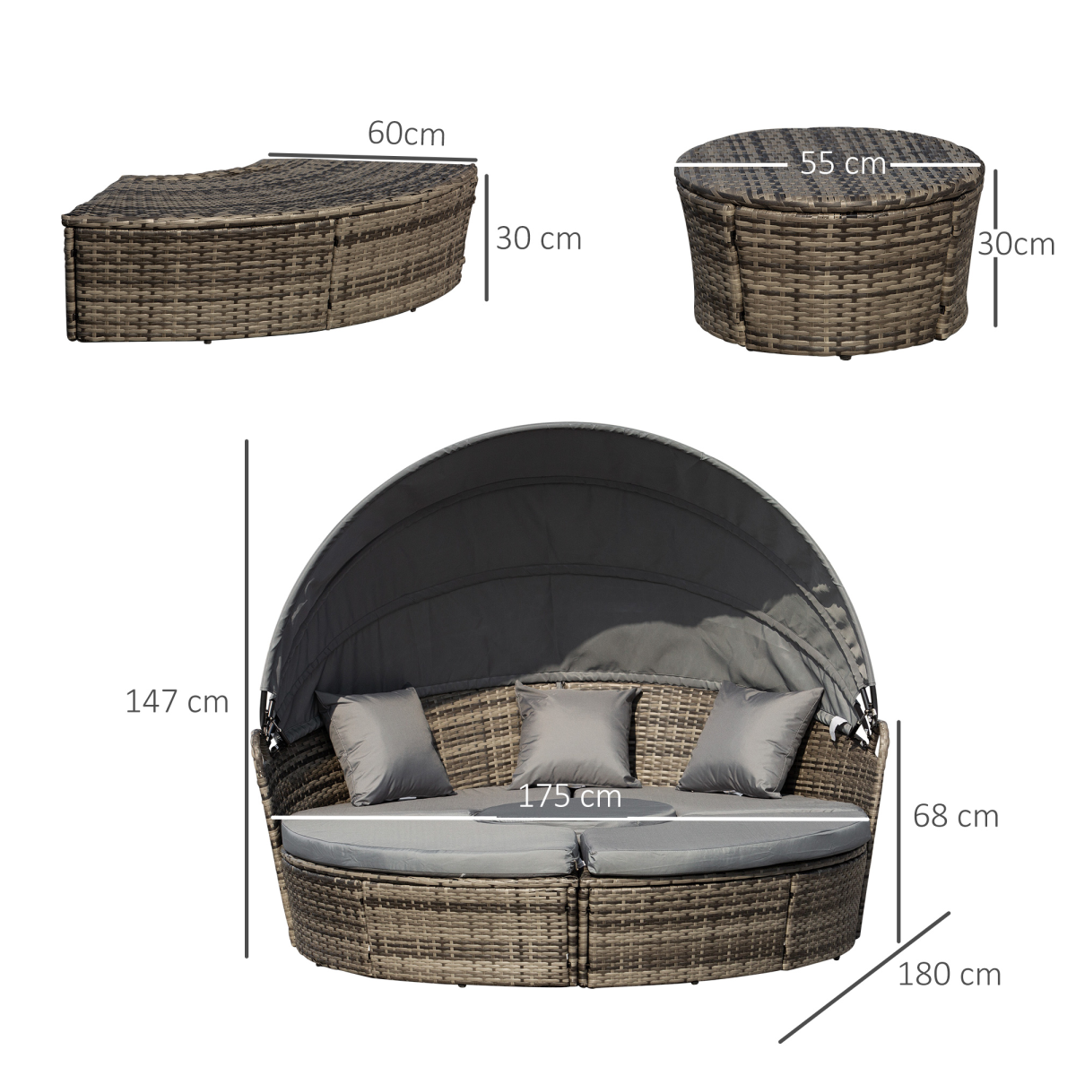 Outsunny Rattan Day Bed round configuration view