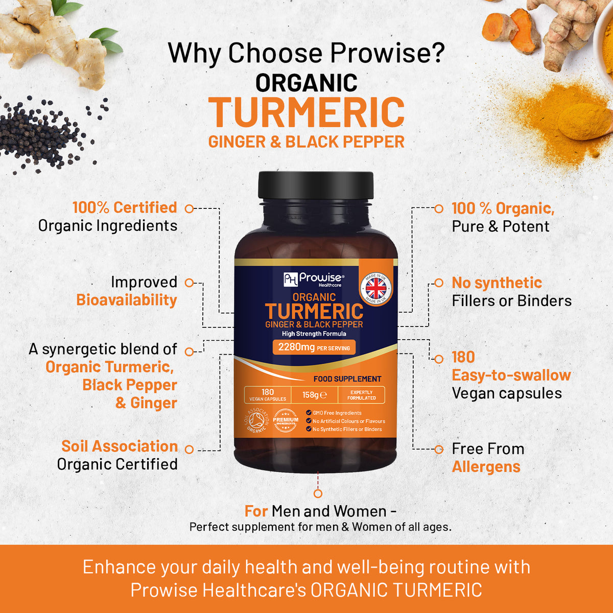 Prowise Organic Turmeric 2280mg High Strength with Black Pepper & Ginger – 180 Vegan Capsules